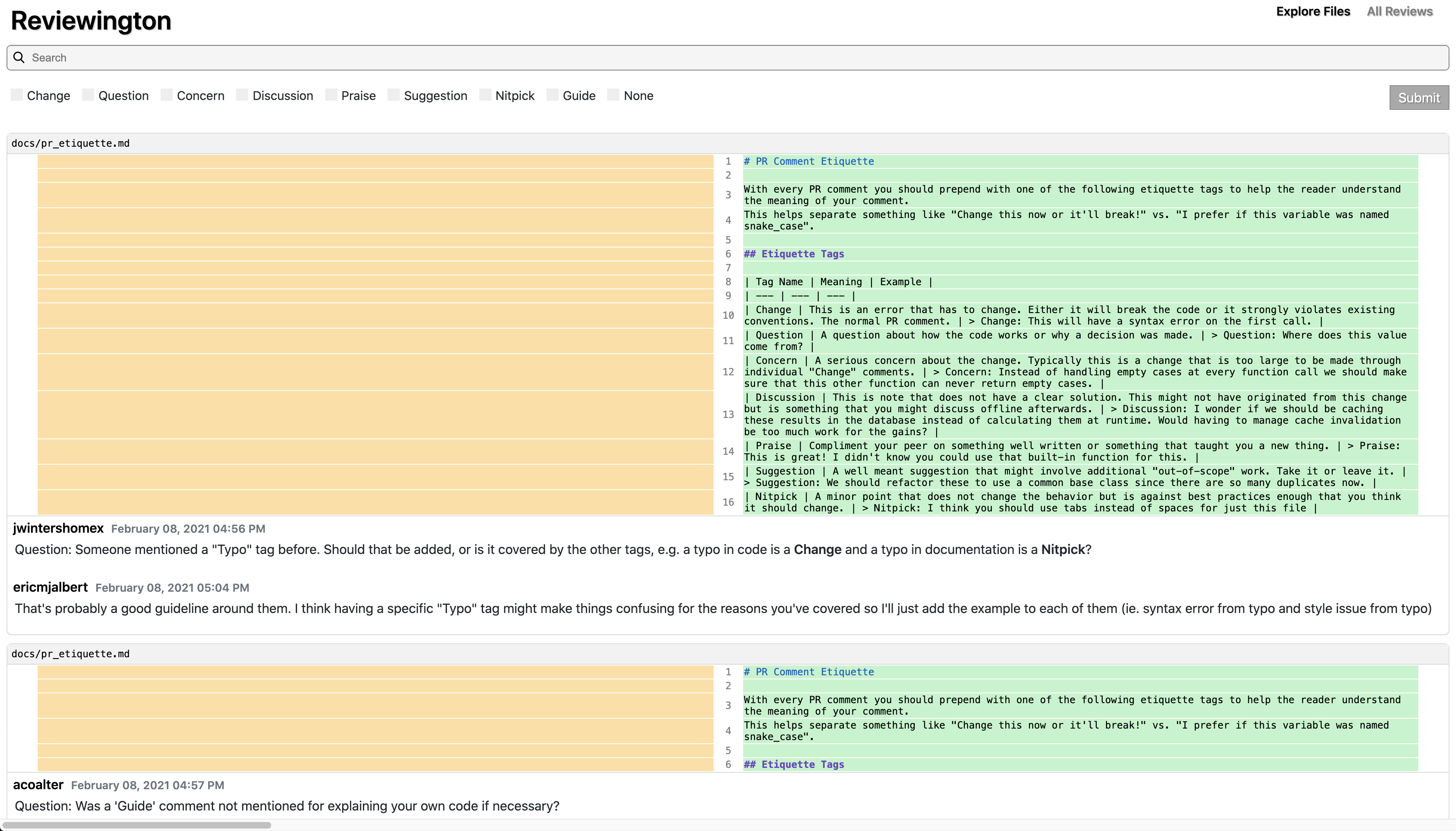 Screenshot of Reviewington discussions screen.